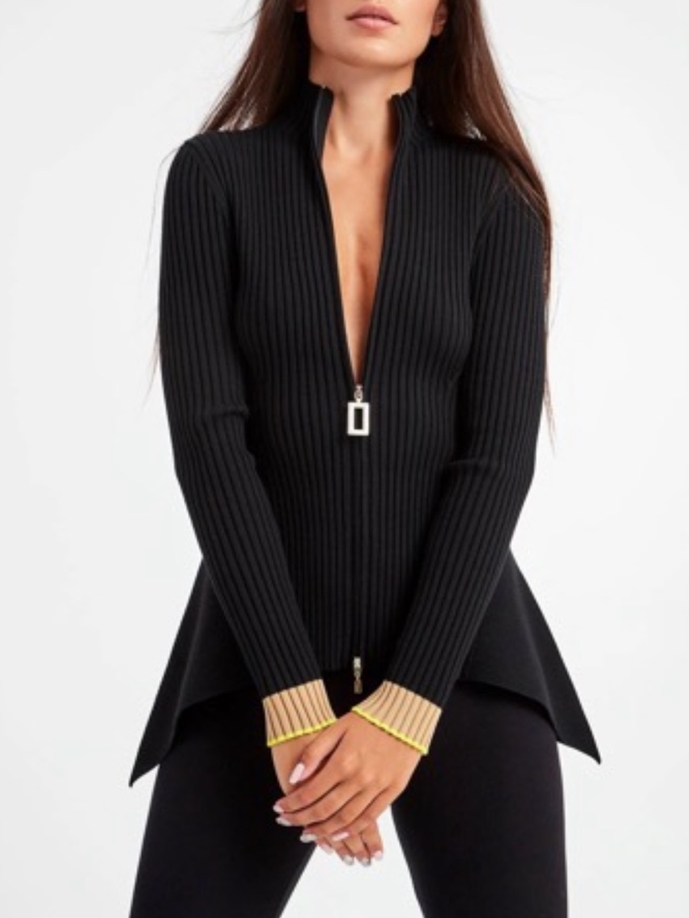 WOLFORD Thelma Stripe Cardigan Black Ribbed Zip-Front Asymmetrical Peplum Medium